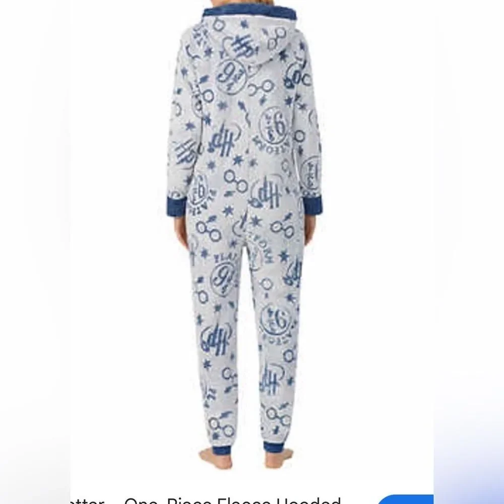 Harry Potter Hogwarts Hooded One-Piece Footie Pajamas - Blue and White Size L